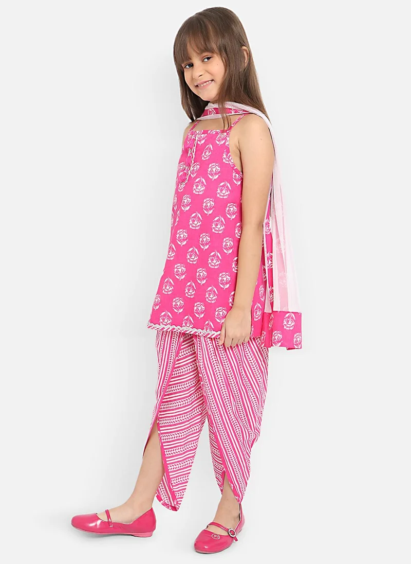 Nautinati Pink-White Girls' 100% Cotton All-over Print Kurti with Striped Dhoti Pants & Net Dupatta for Women | Best Price UAE